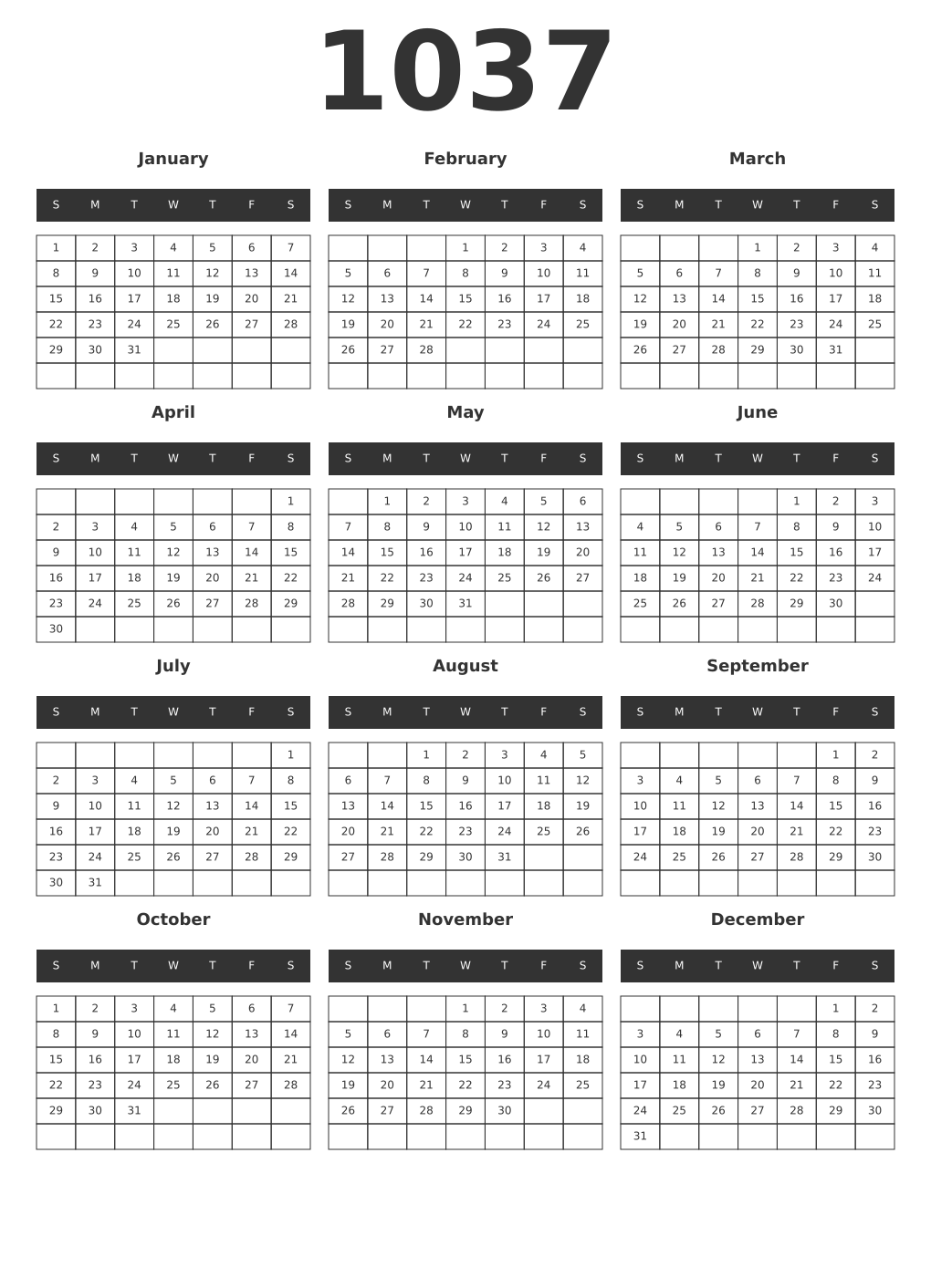 Printable 1037 Year Calendars dark