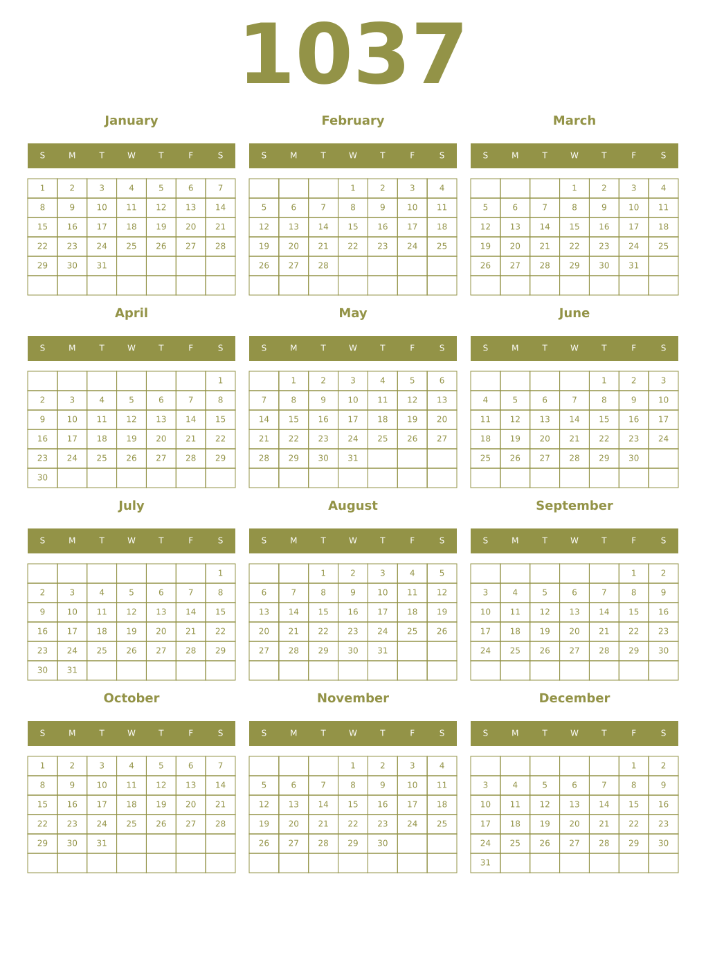 Printable 1037 Year Calendars eburnean
