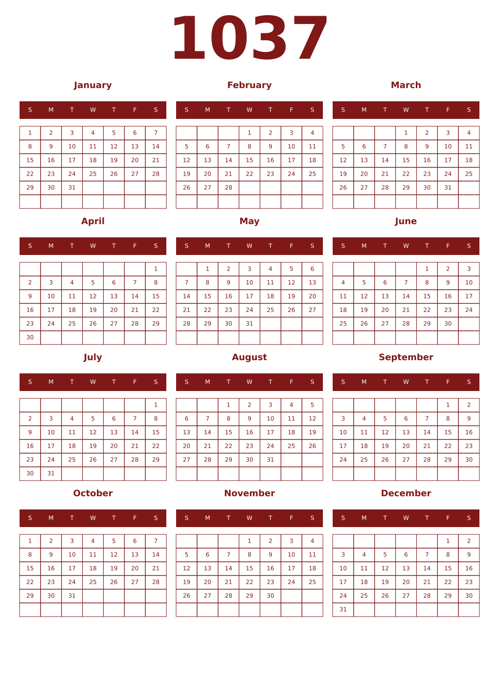 Printable 1037 Year Calendars falu