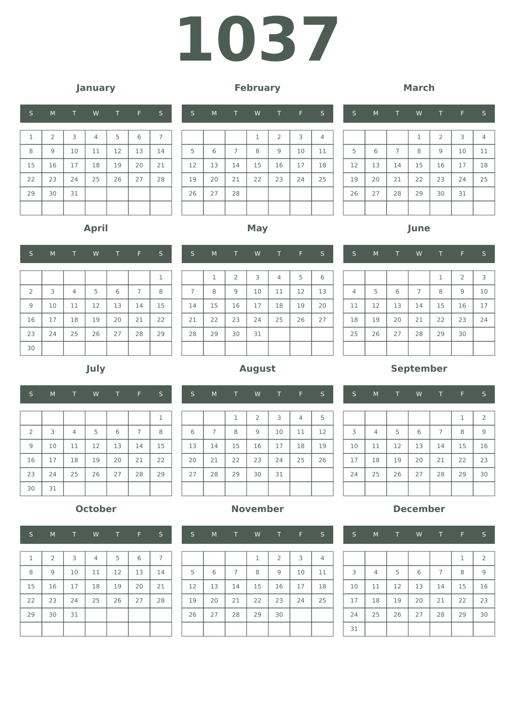 Printable 1037 Year Calendars feldgrau