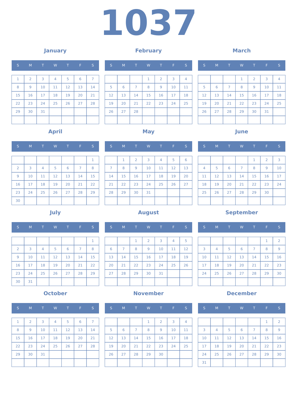 Printable 1037 Year Calendars glaucous