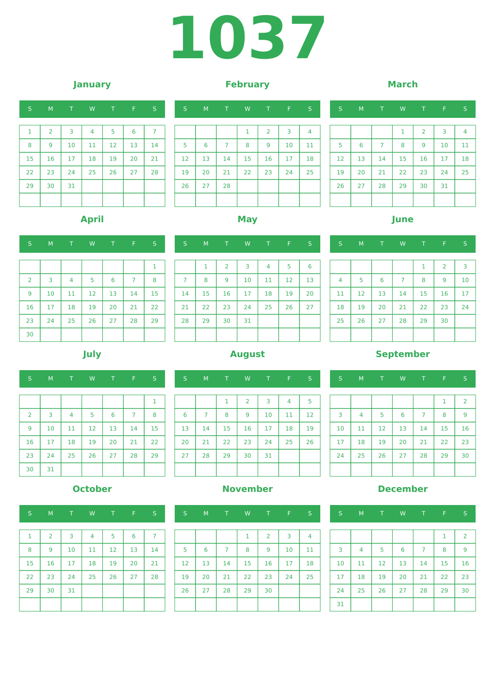 Printable 1037 Year Calendars green