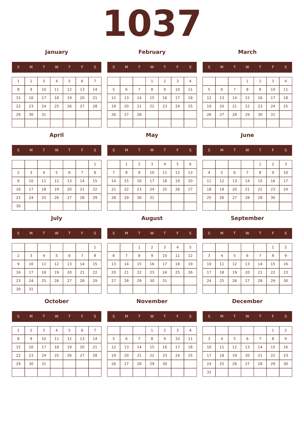 Printable 1037 Year Calendars mortuum