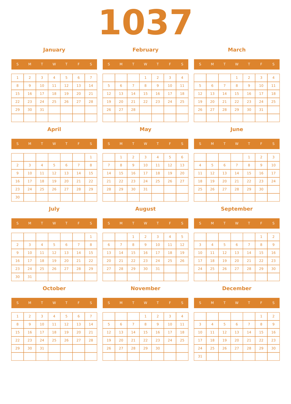 Printable 1037 Year Calendars orange