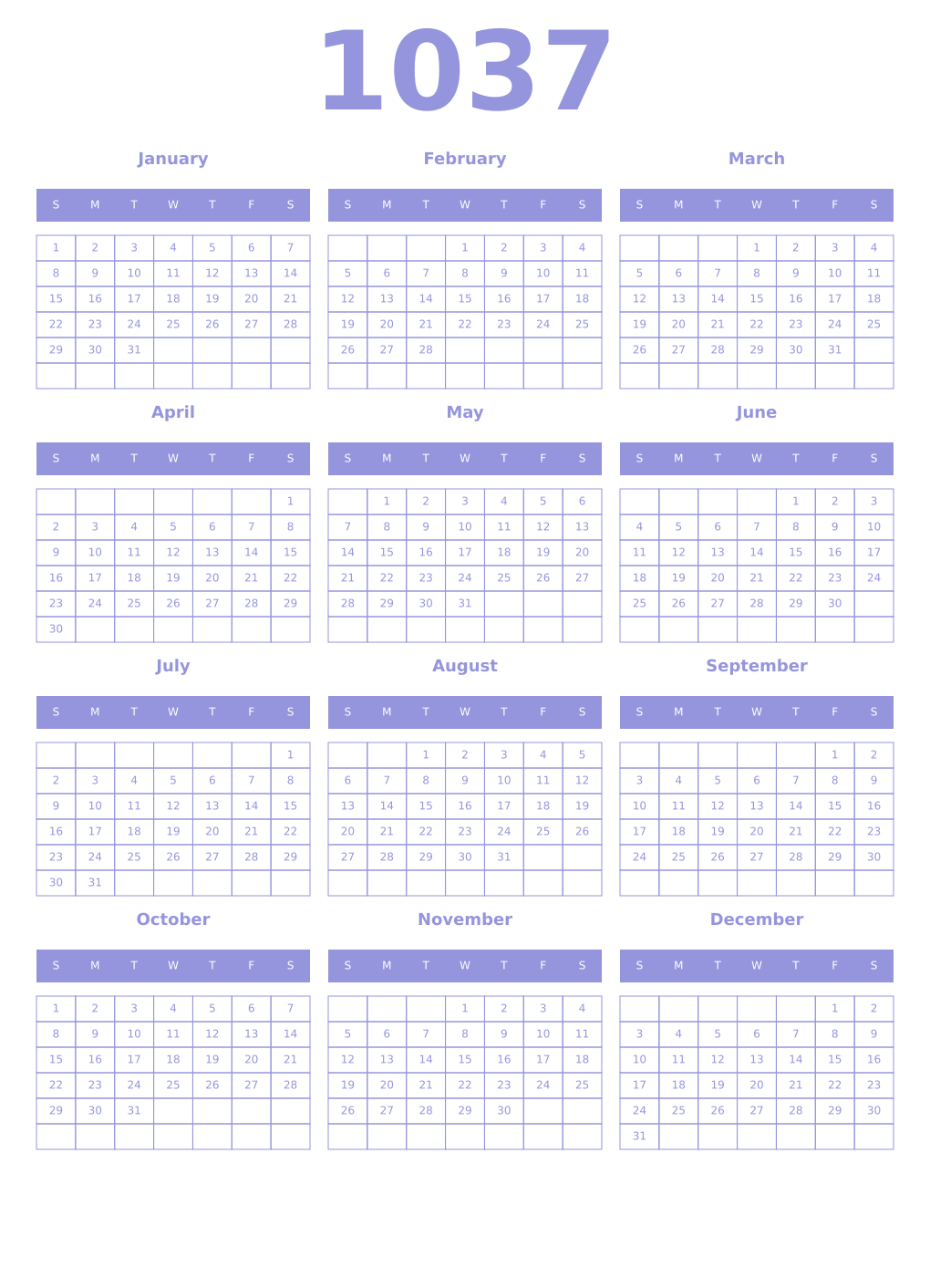 Printable 1037 Year Calendars periwinkle