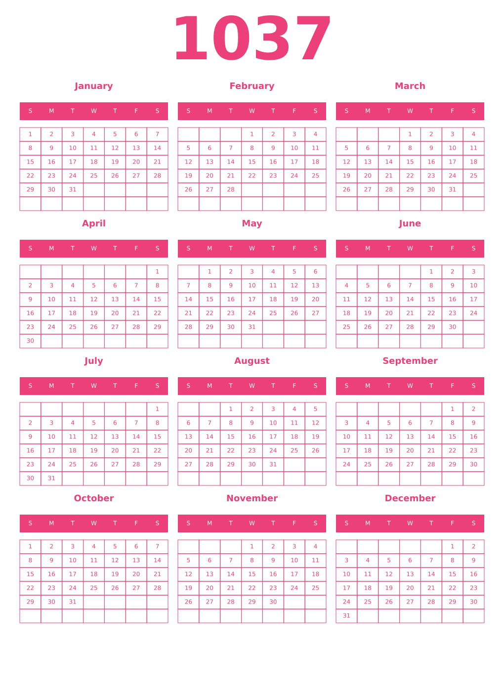 Printable 1037 Year Calendars pink