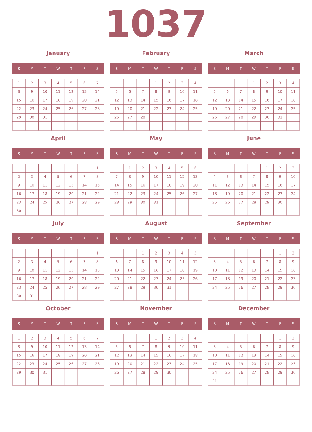 Printable 1037 Year Calendars puce
