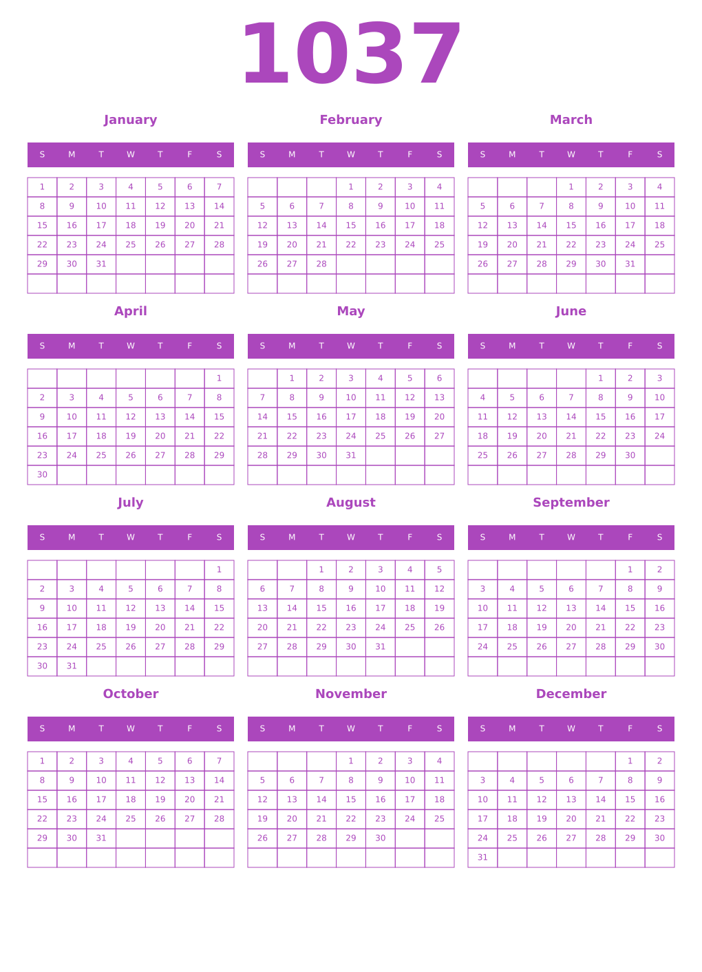 Printable 1037 Year Calendars purple