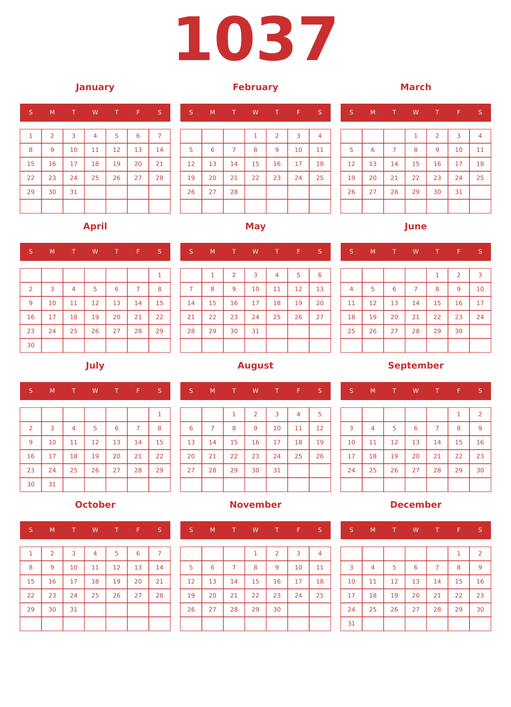 Printable 1037 Year Calendars red