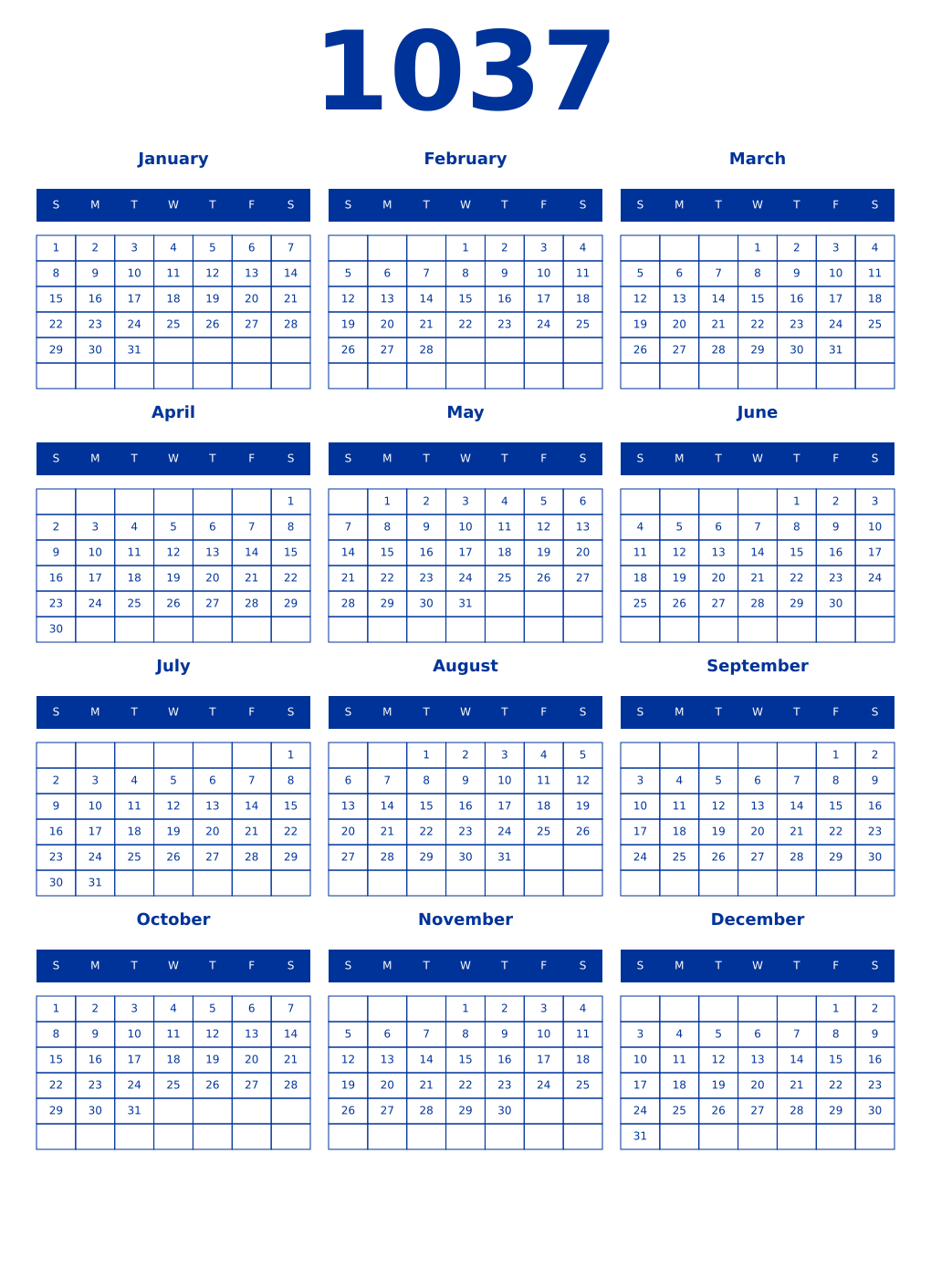 Printable 1037 Year Calendars smalt