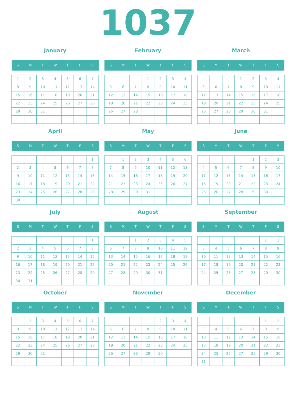 Printable 1037 Year Calendars verdigris