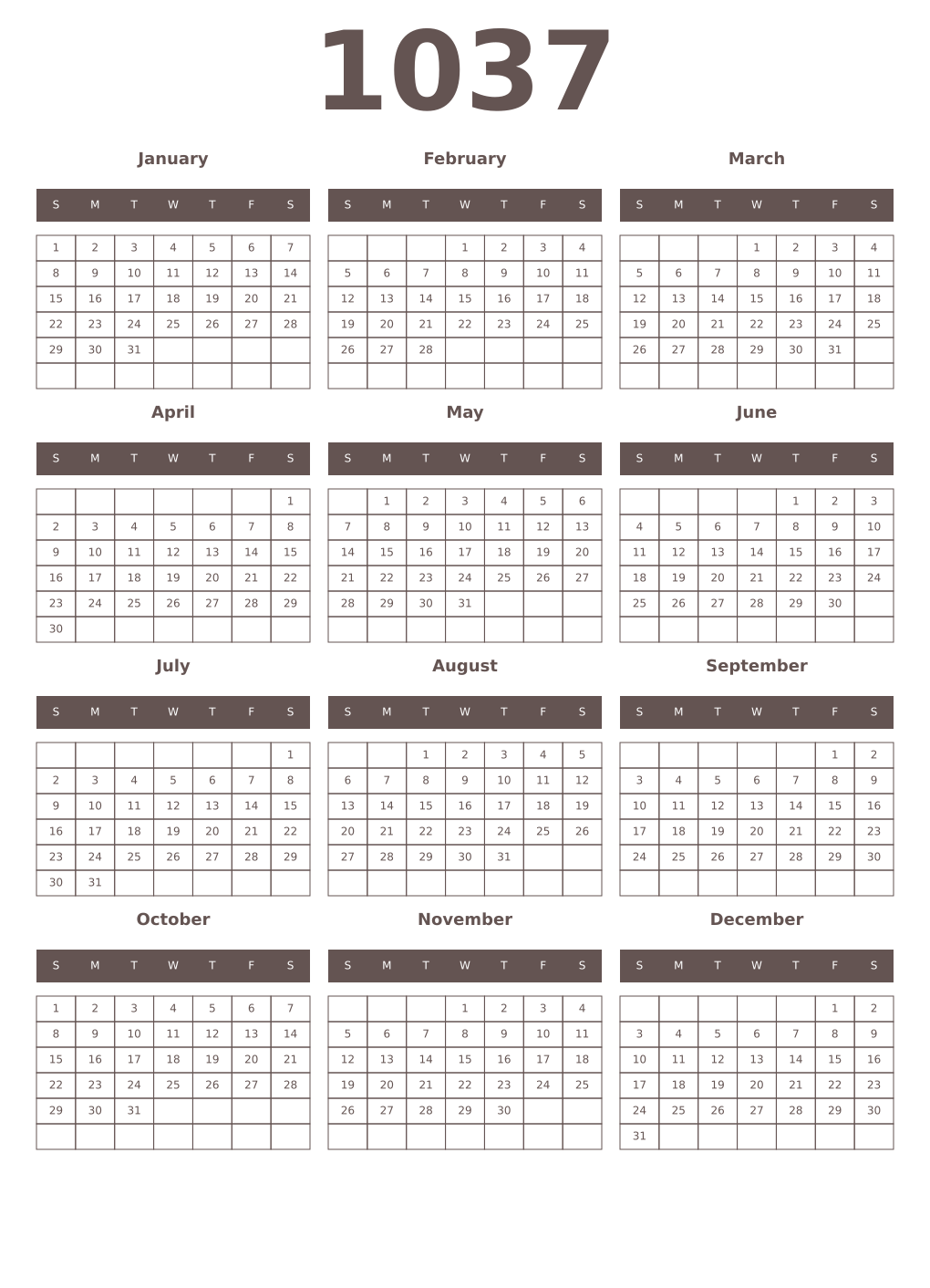 Printable 1037 Year Calendars wenge