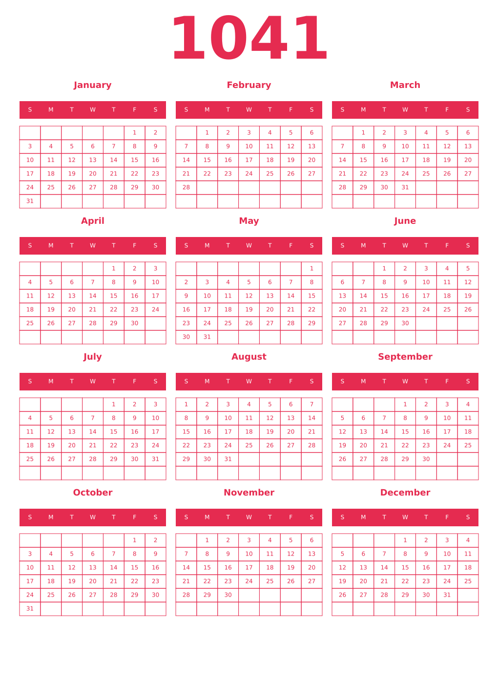 Printable 1041 Year Calendars amaranth