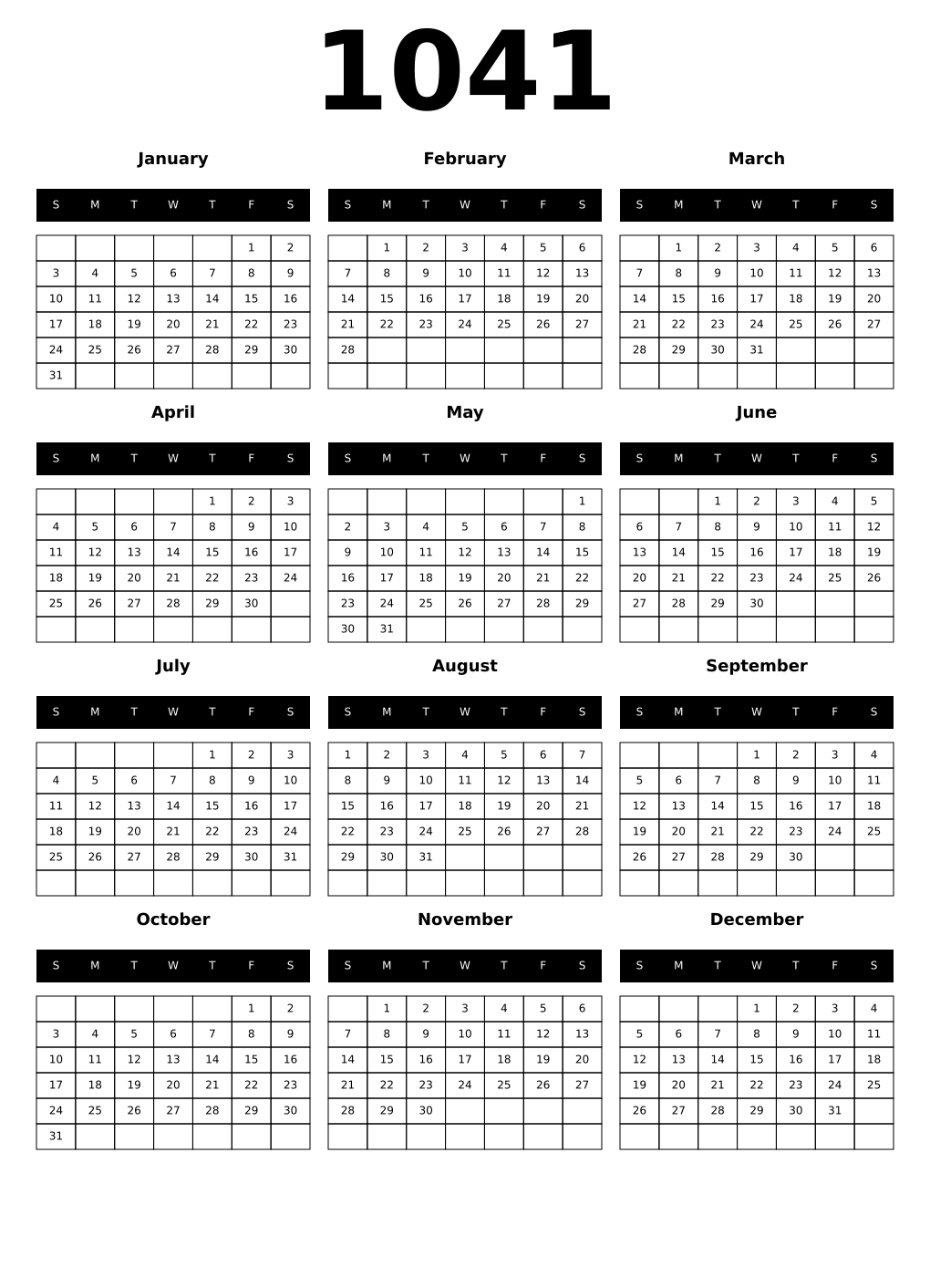 Printable 1041 Year Calendars black