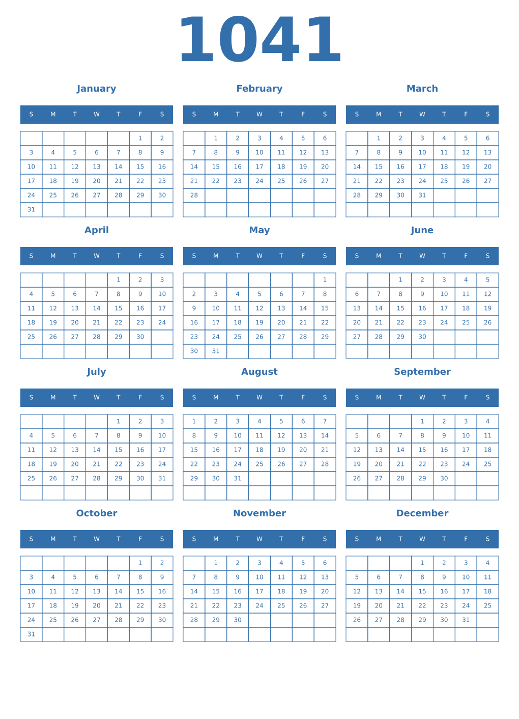 Printable 1041 Year Calendars blue