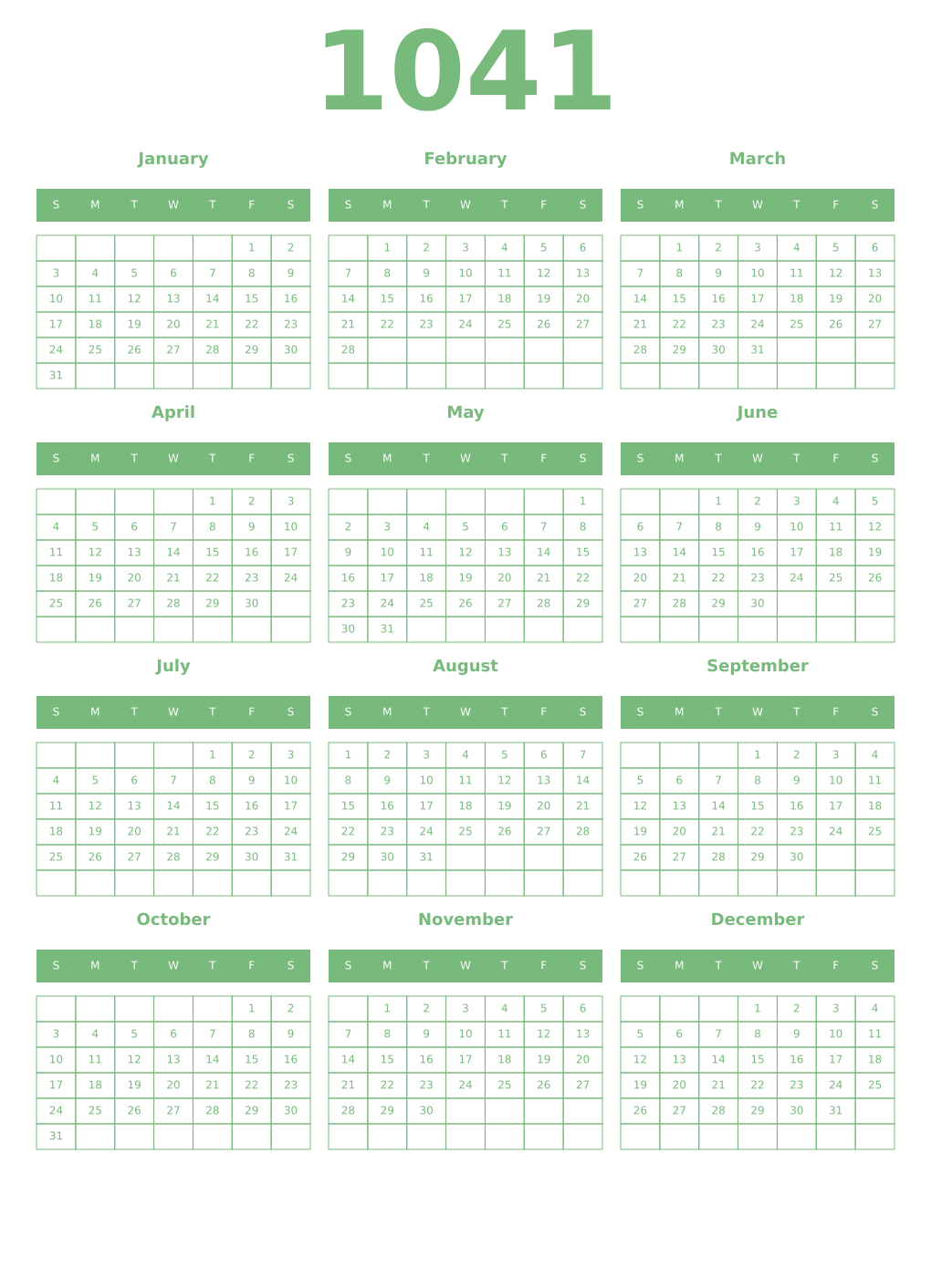 Printable 1041 Year Calendars celadon