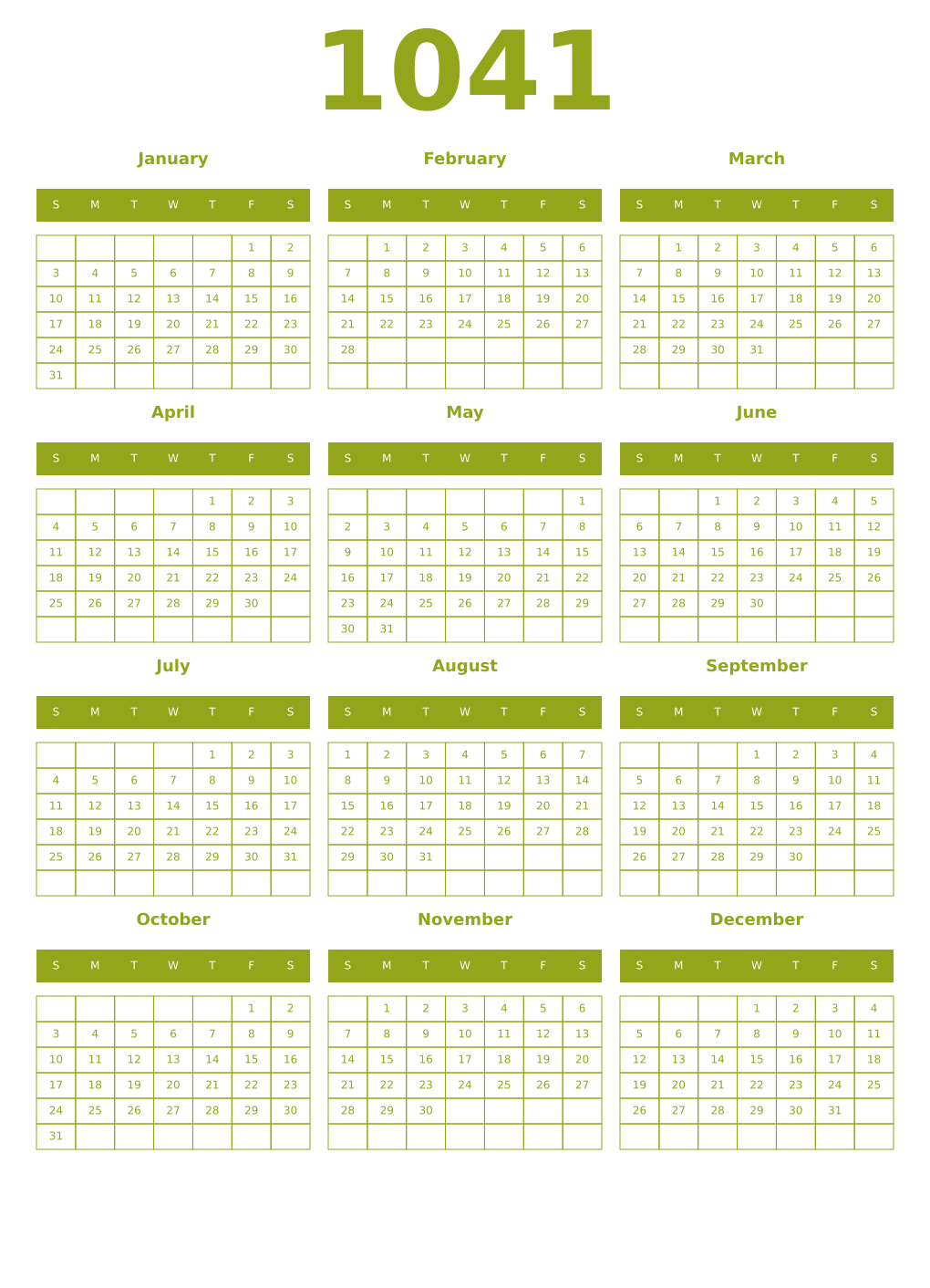 Printable 1041 Year Calendars chartreuse