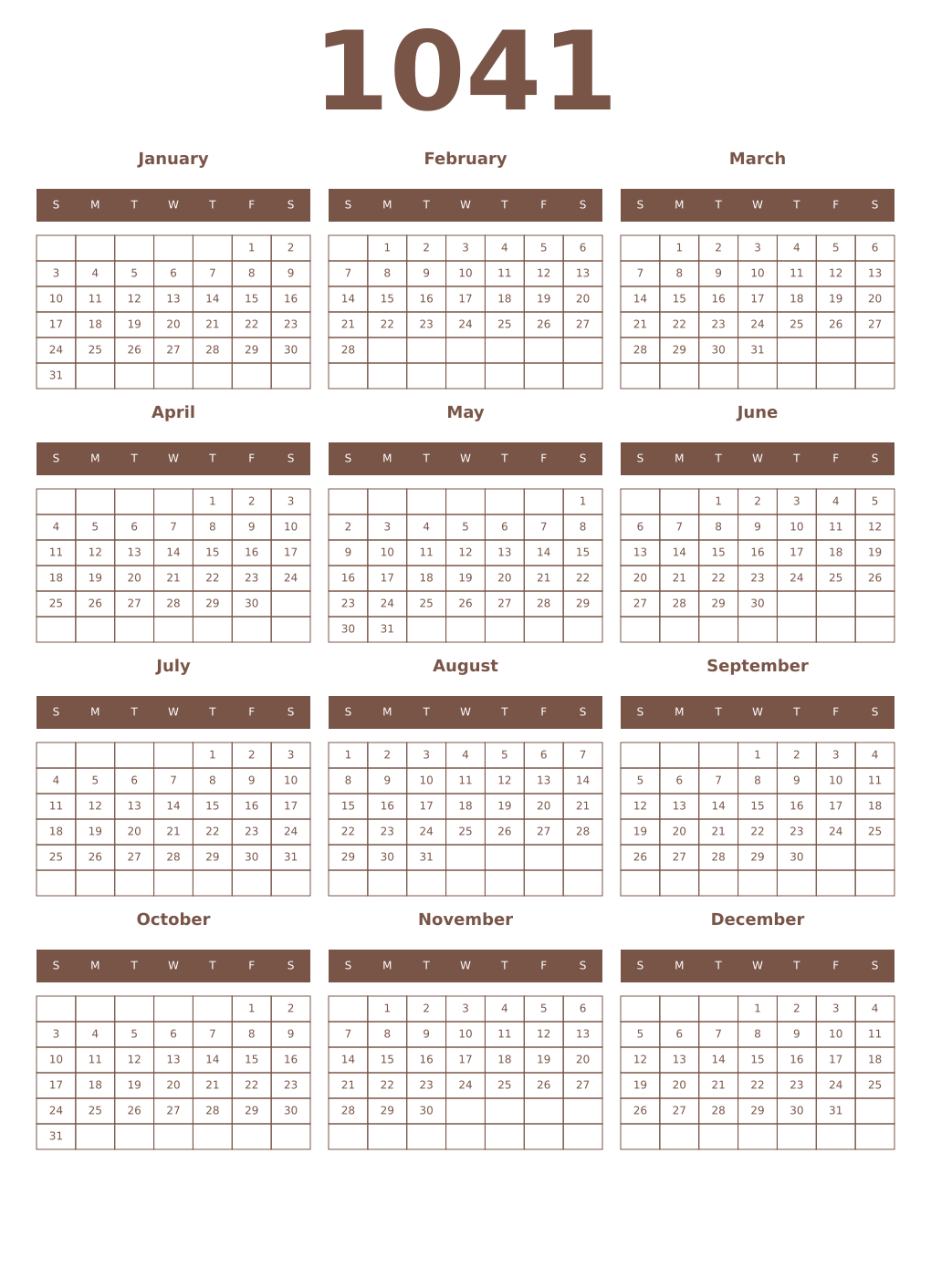 Printable 1041 Year Calendars coffe