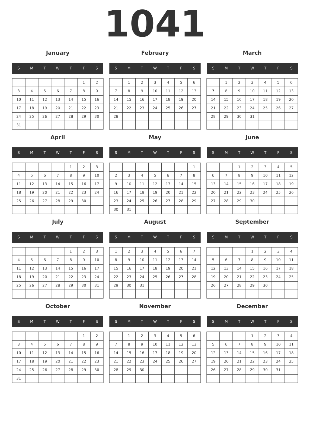 Printable 1041 Year Calendars dark