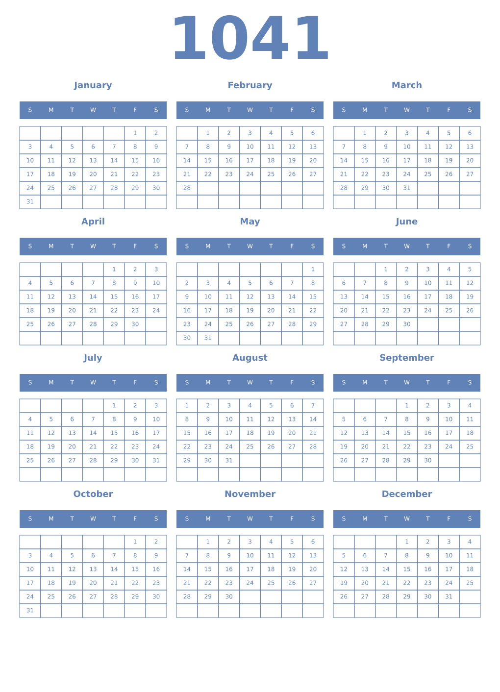 Printable 1041 Year Calendars glaucous