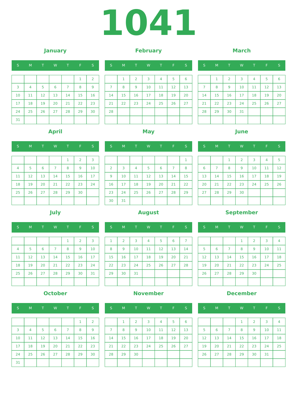 Printable 1041 Year Calendars green