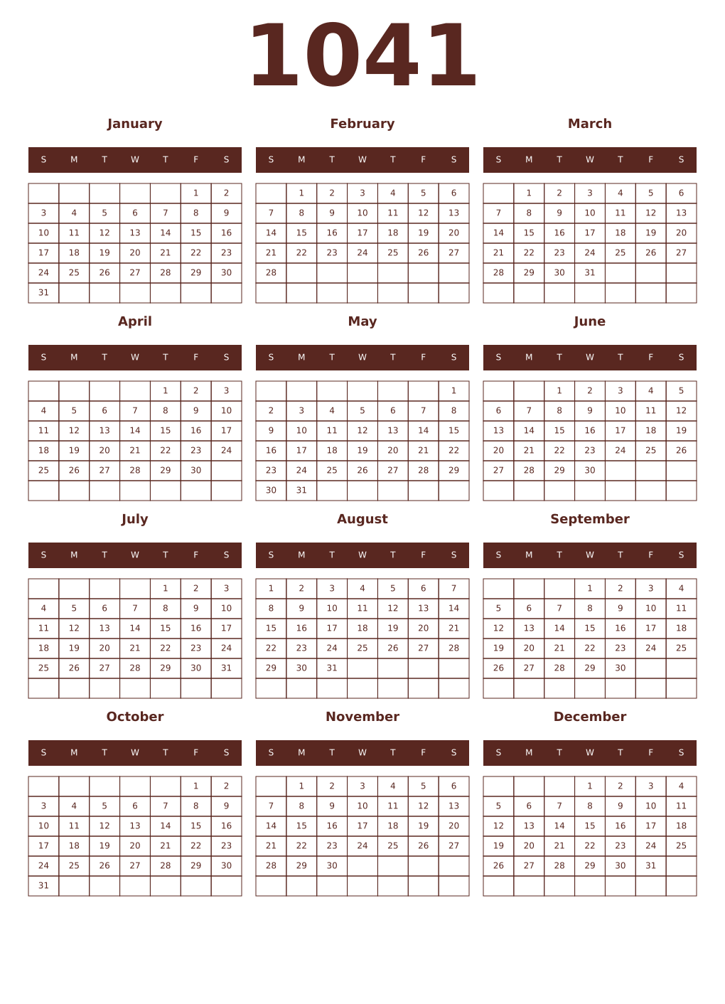 Printable 1041 Year Calendars mortuum