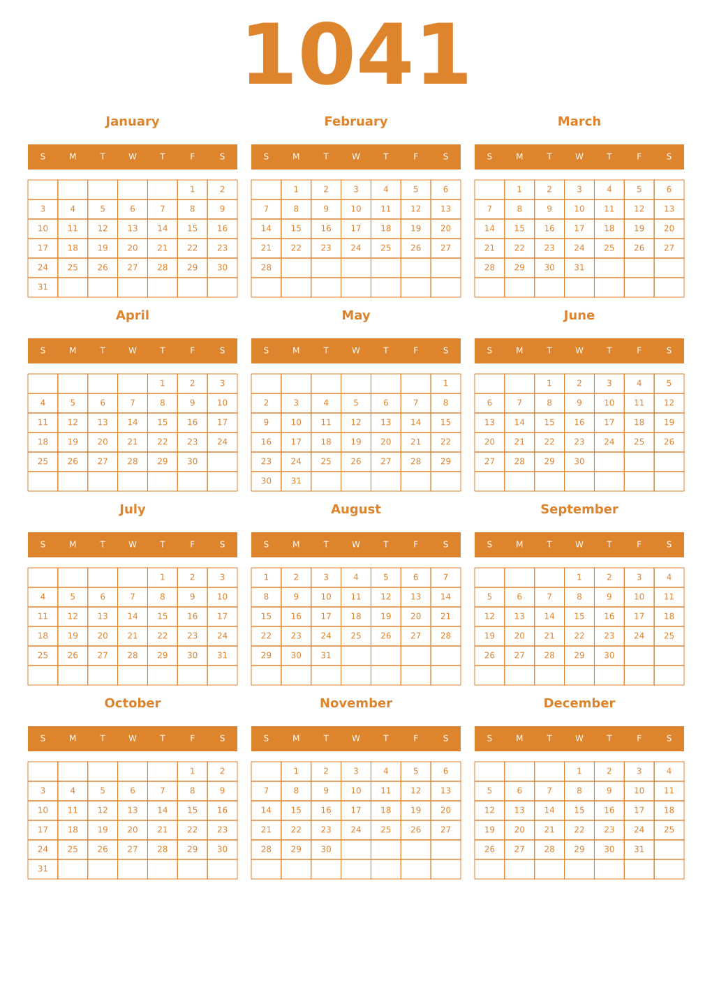Printable 1041 Year Calendars orange