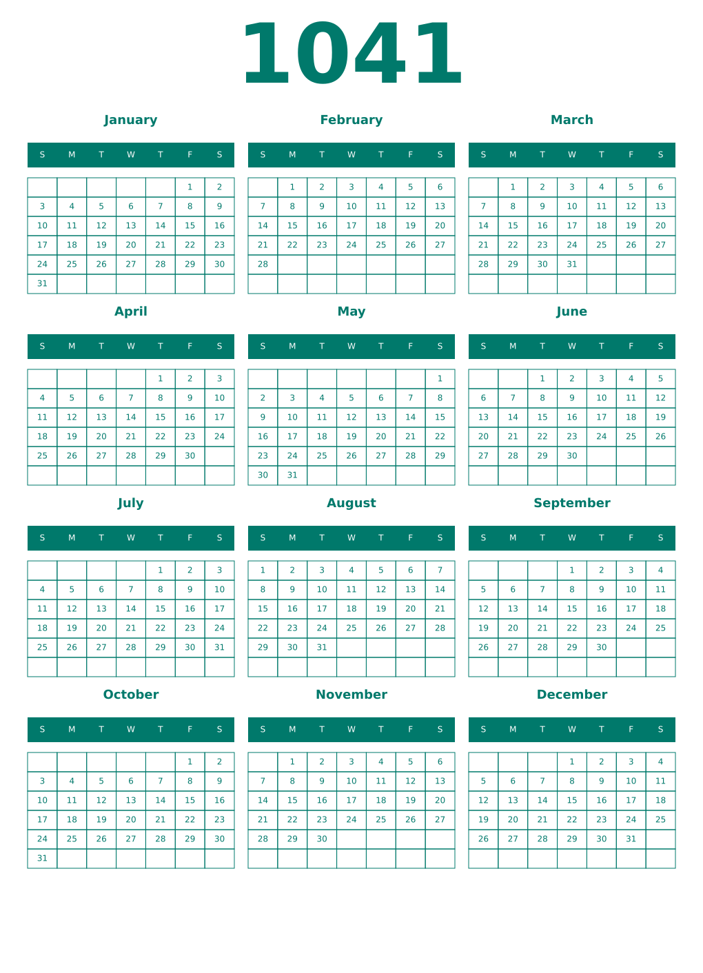 Printable 1041 Year Calendars pastel