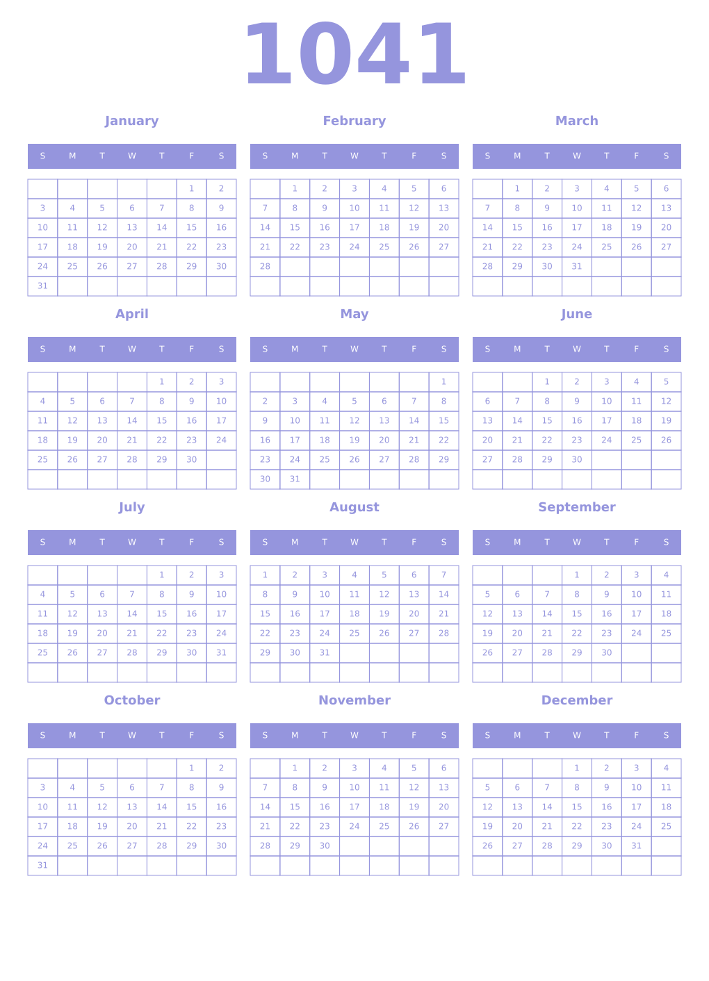 Printable 1041 Year Calendars periwinkle