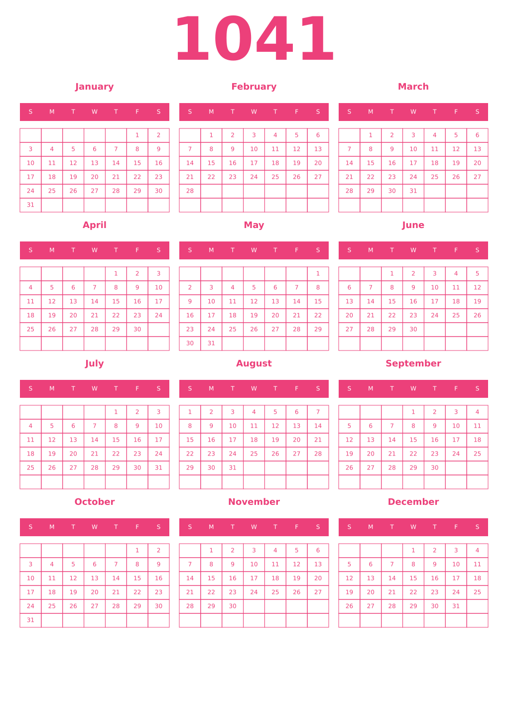 Printable 1041 Year Calendars pink
