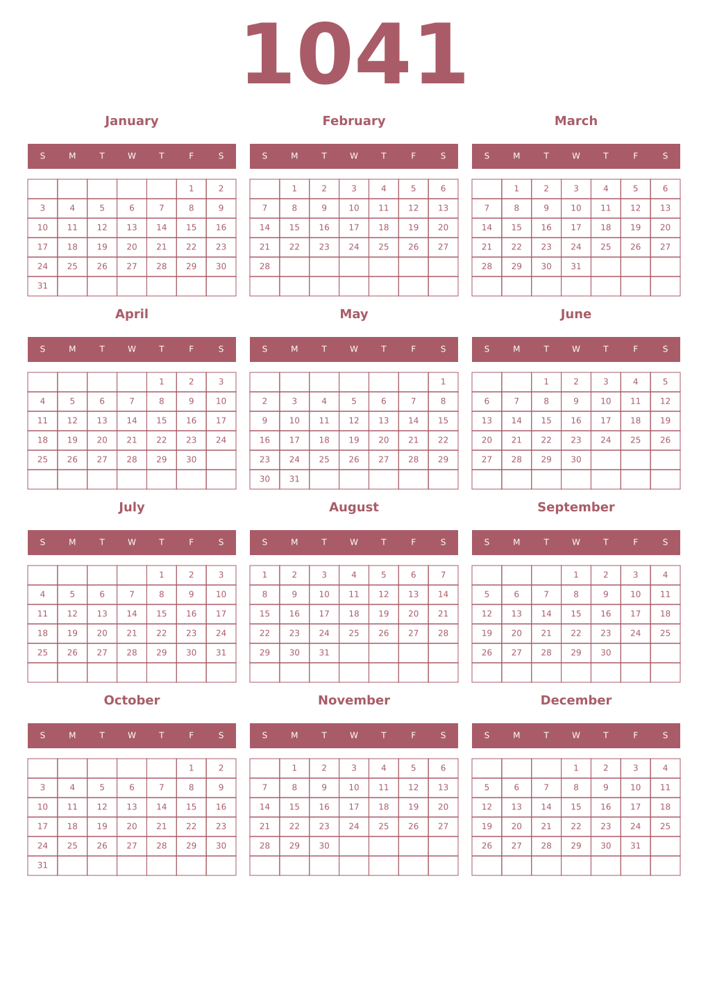 Printable 1041 Year Calendars puce