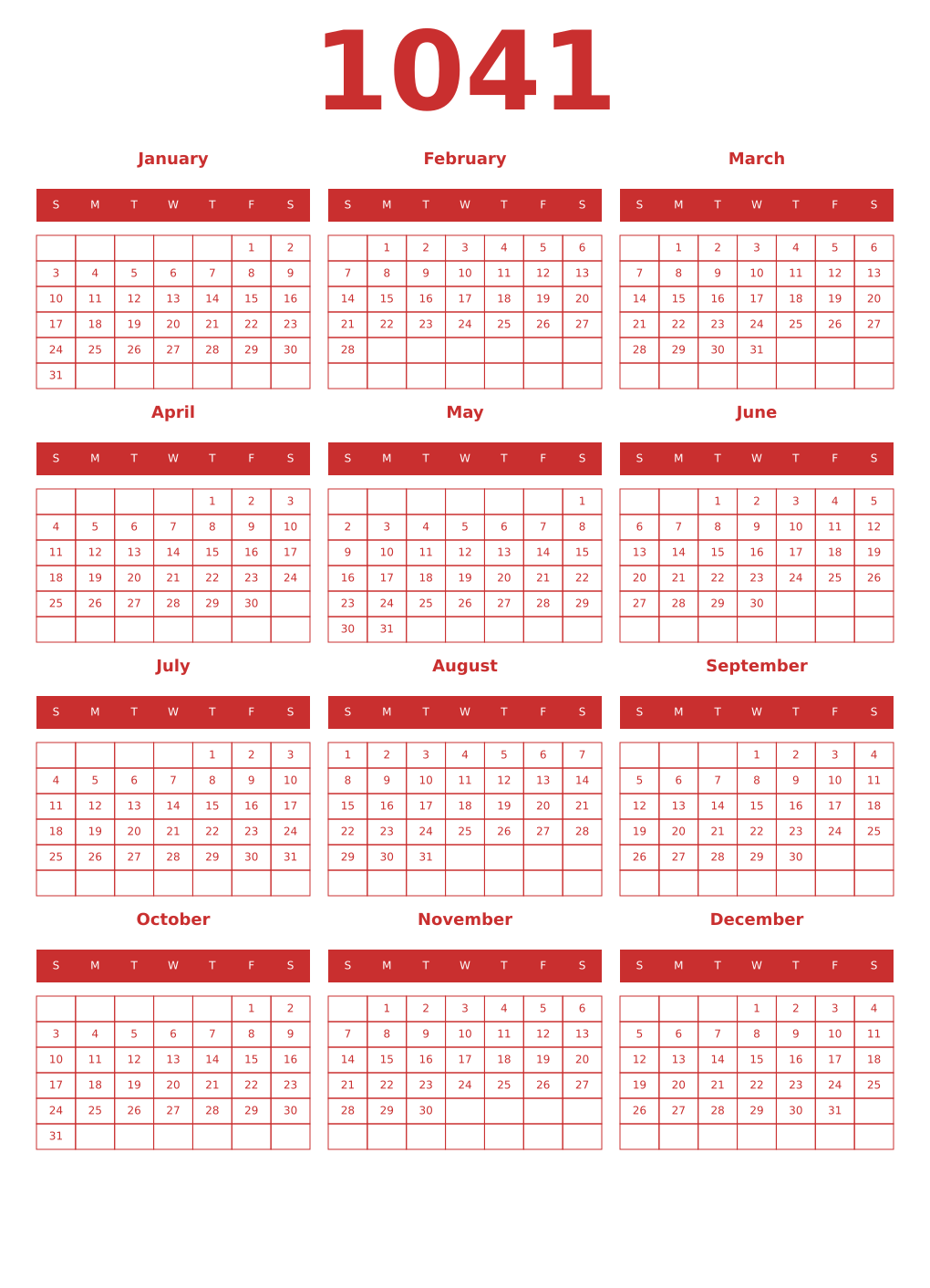 Printable 1041 Year Calendars red