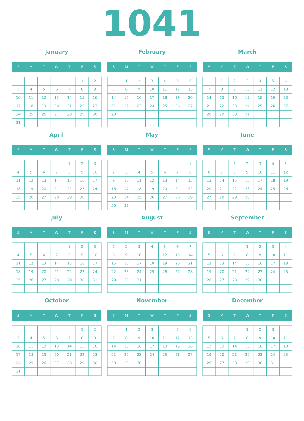 Printable 1041 Year Calendars verdigris