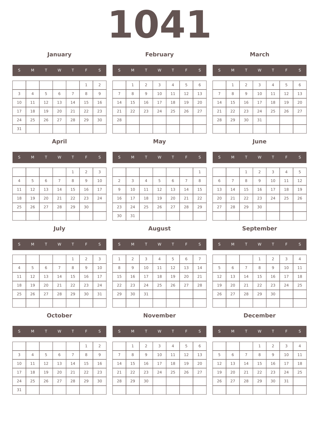 Printable 1041 Year Calendars wenge
