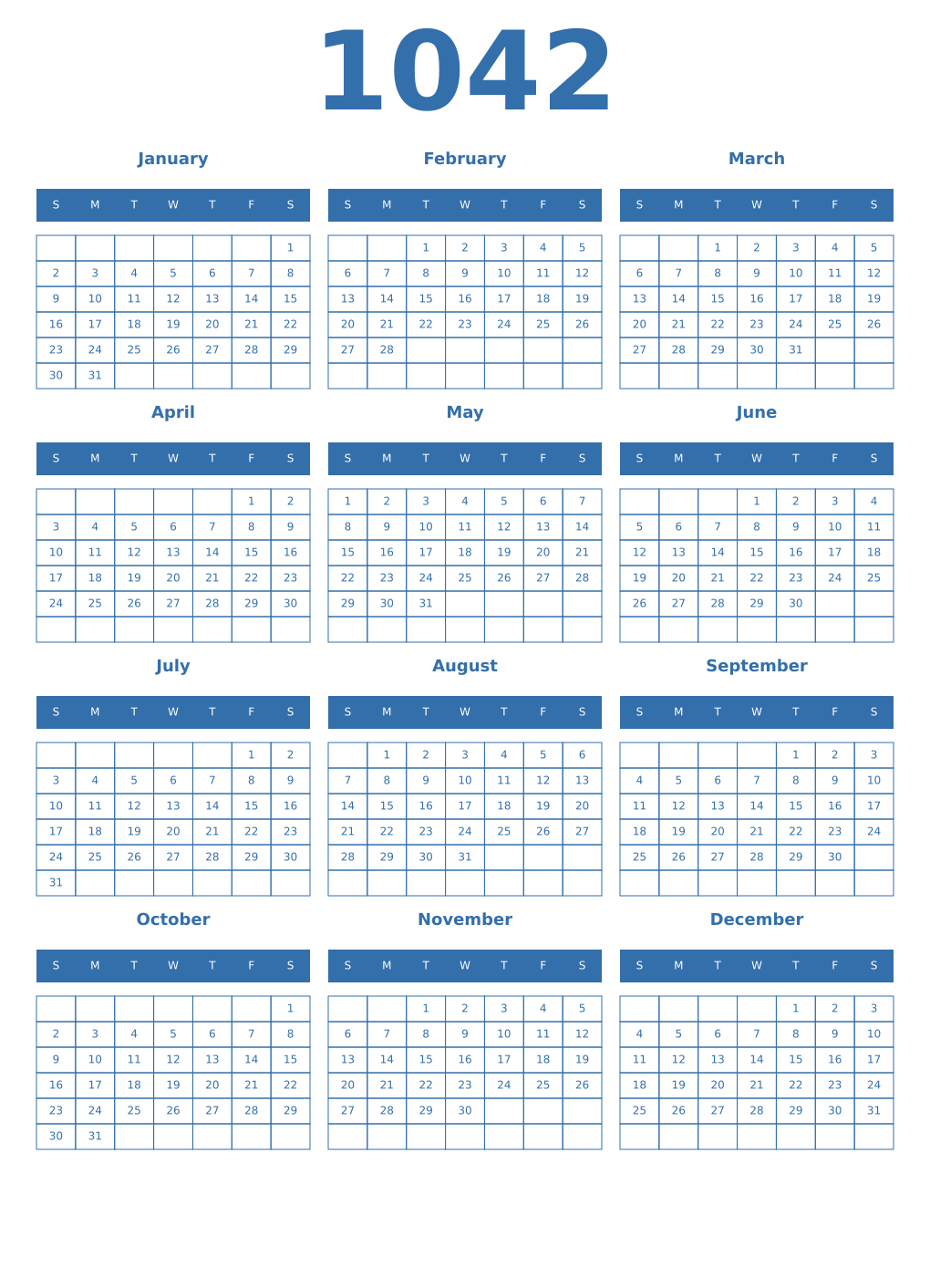 Printable 1042 Year Calendars blue