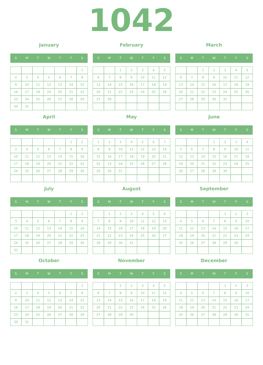 Printable 1042 Year Calendars celadon