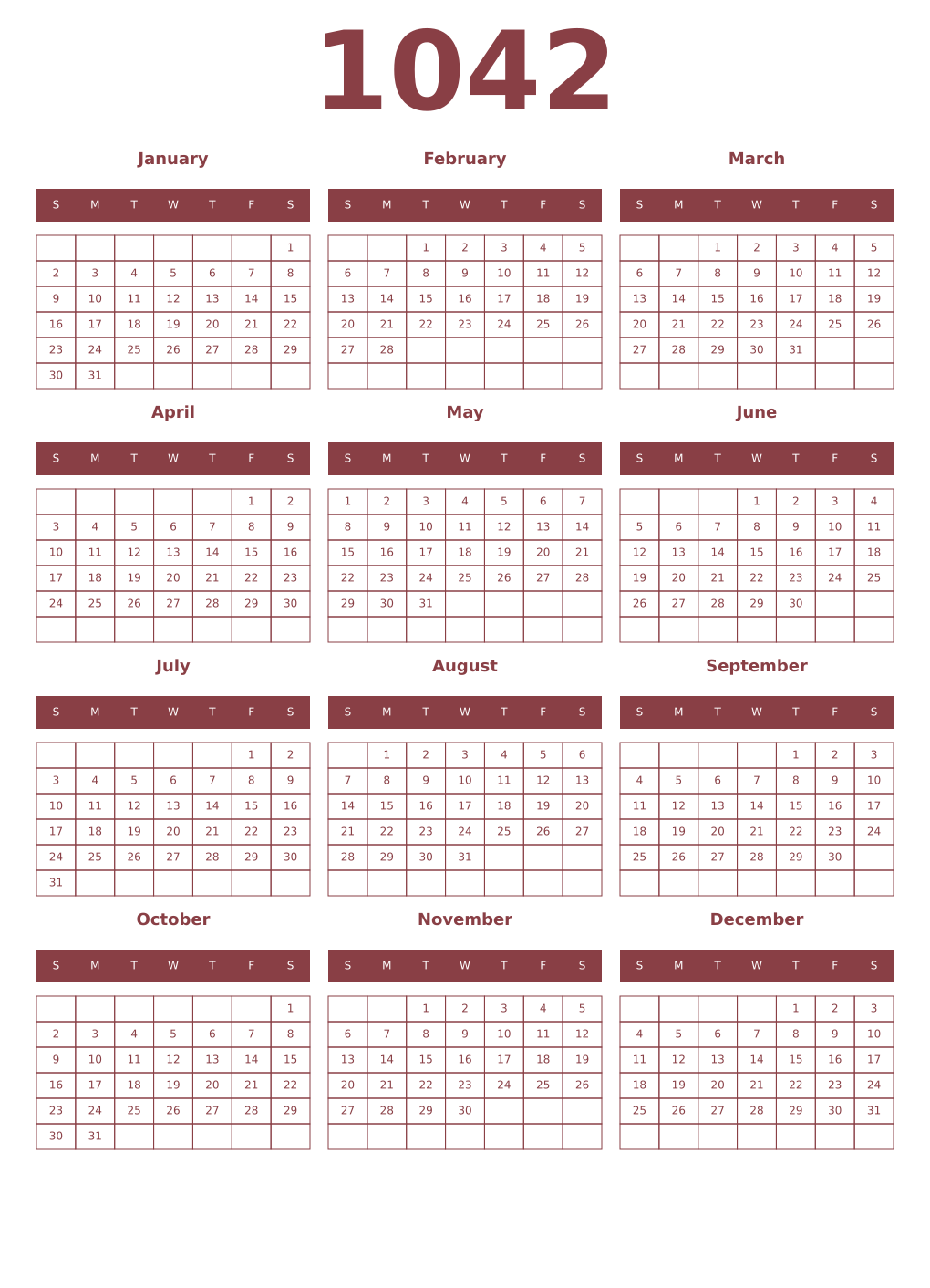 Printable 1042 Year Calendars cordovan