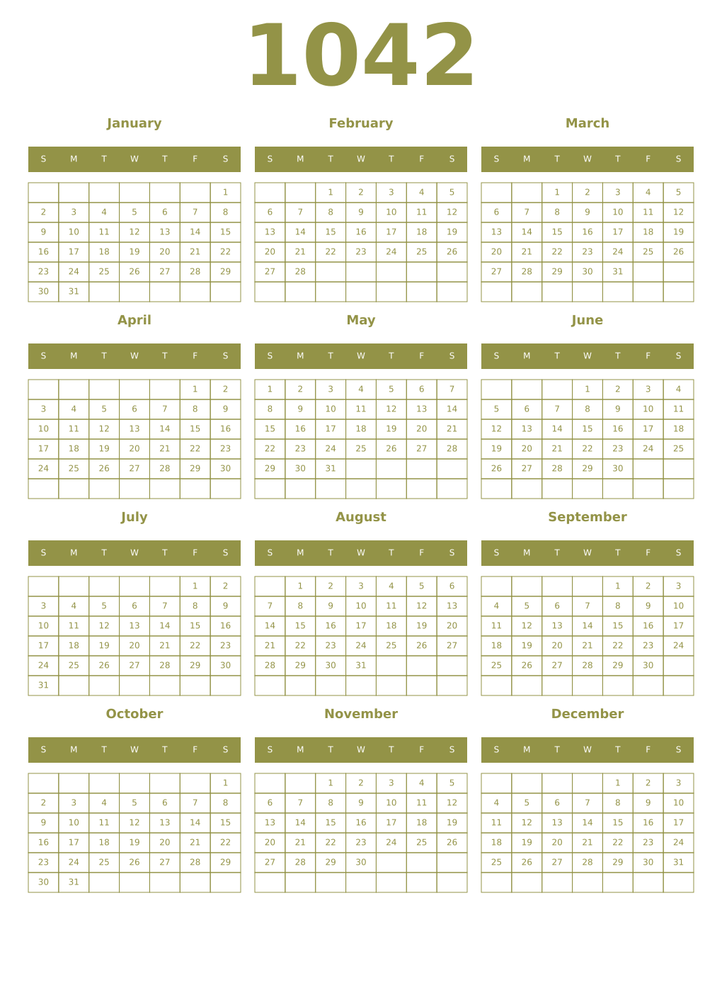 Printable 1042 Year Calendars eburnean