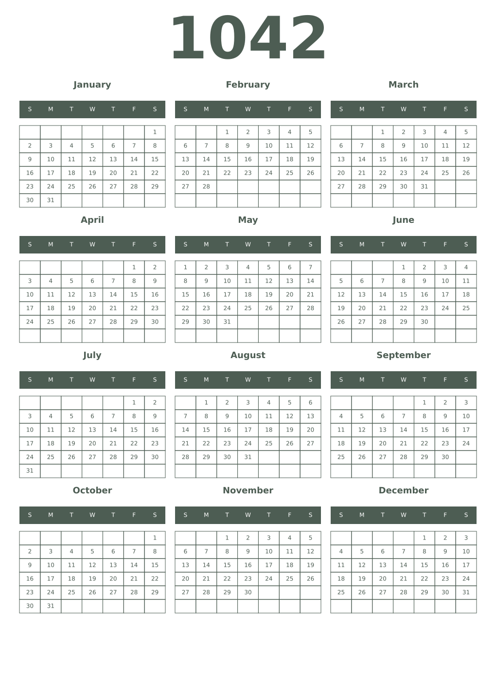 Printable 1042 Year Calendars feldgrau