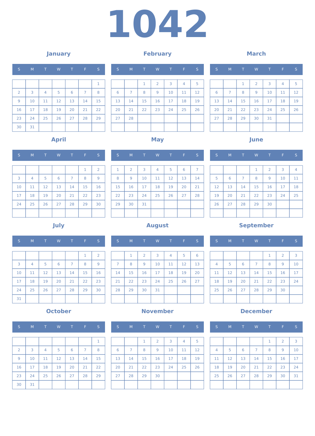 Printable 1042 Year Calendars glaucous