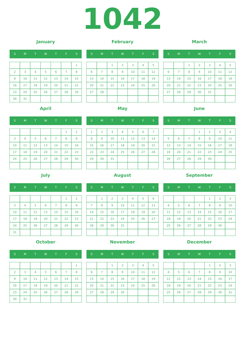 Printable 1042 Year Calendars green