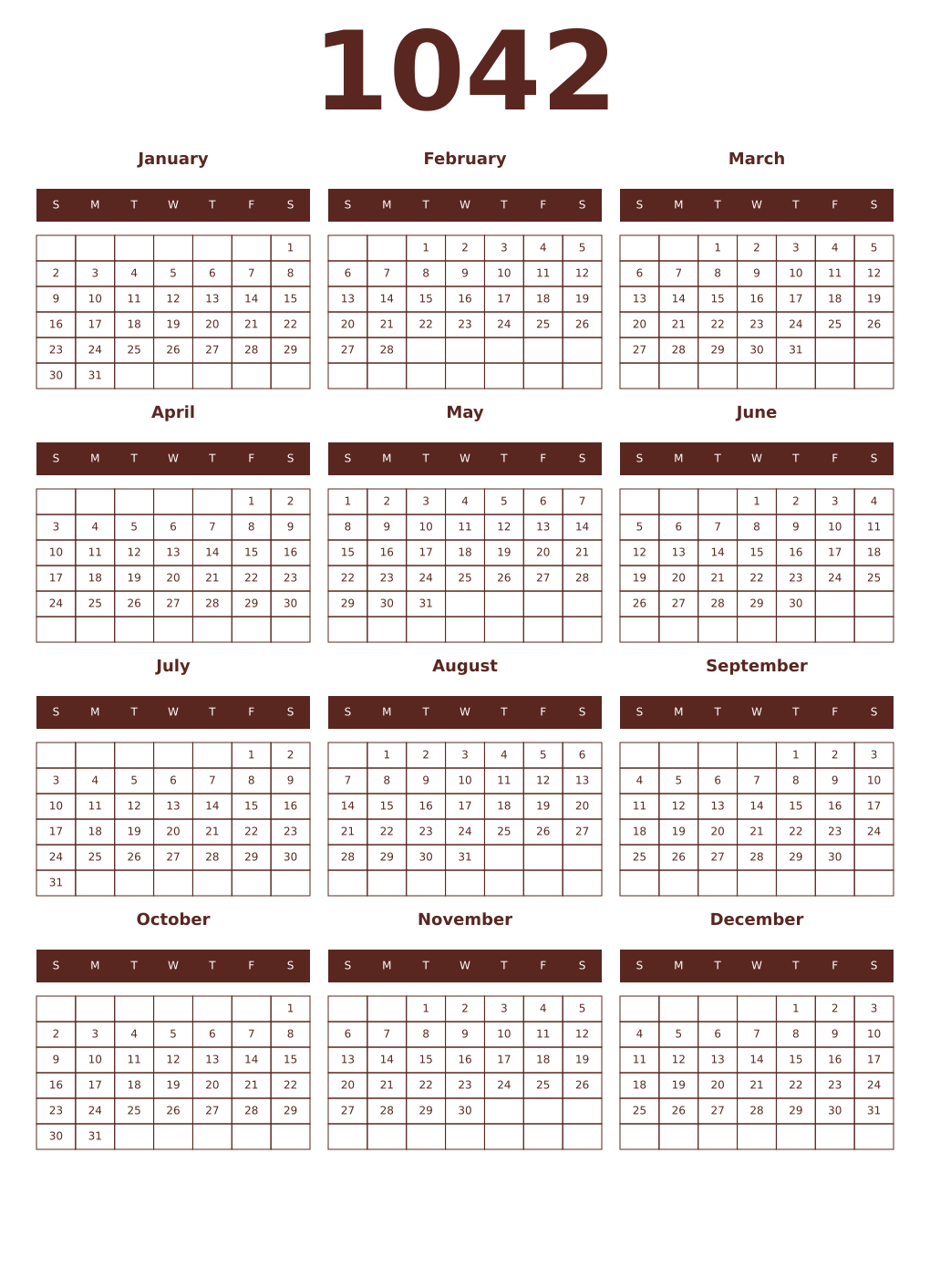 Printable 1042 Year Calendars mortuum