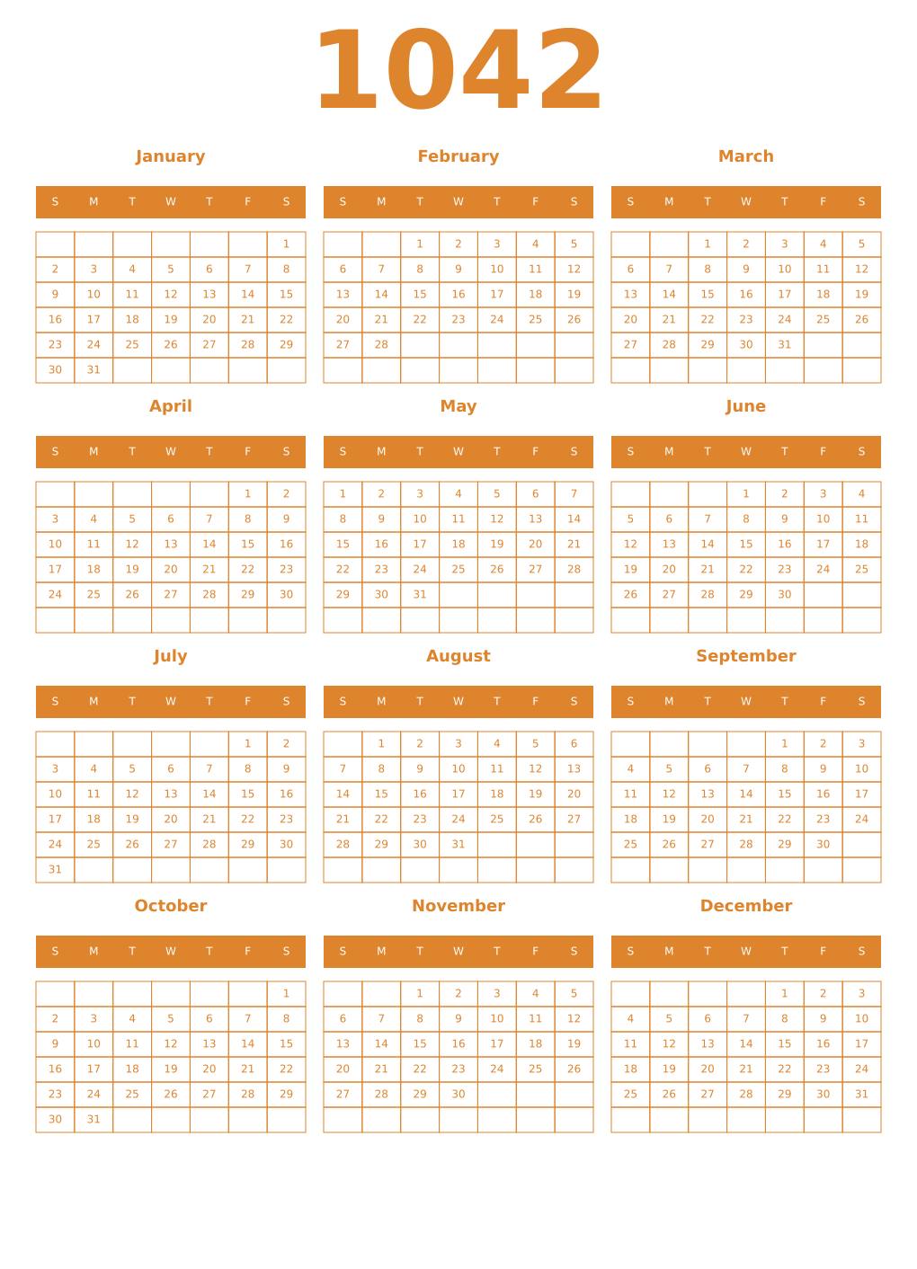 Printable 1042 Year Calendars orange