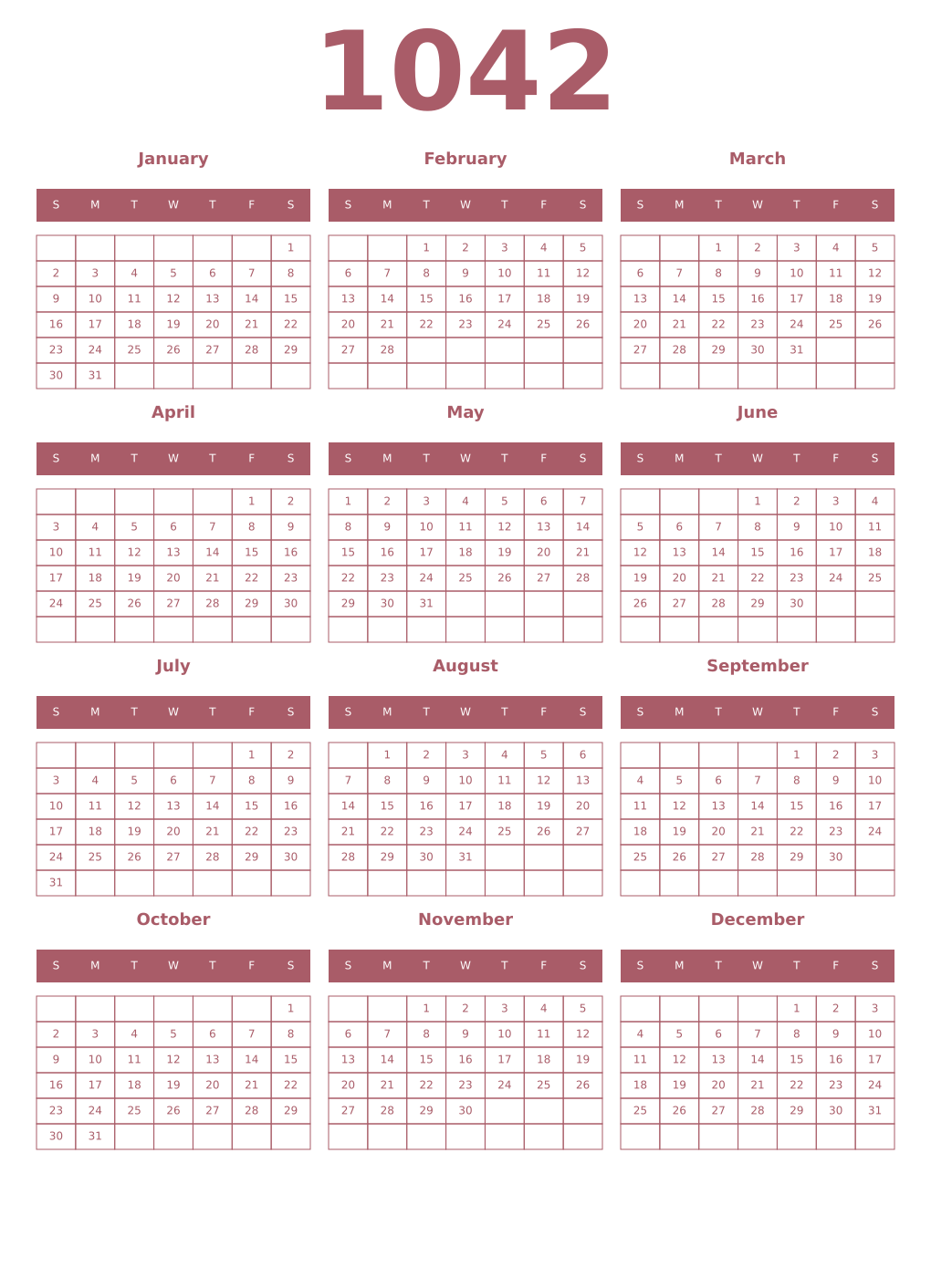 Printable 1042 Year Calendars puce