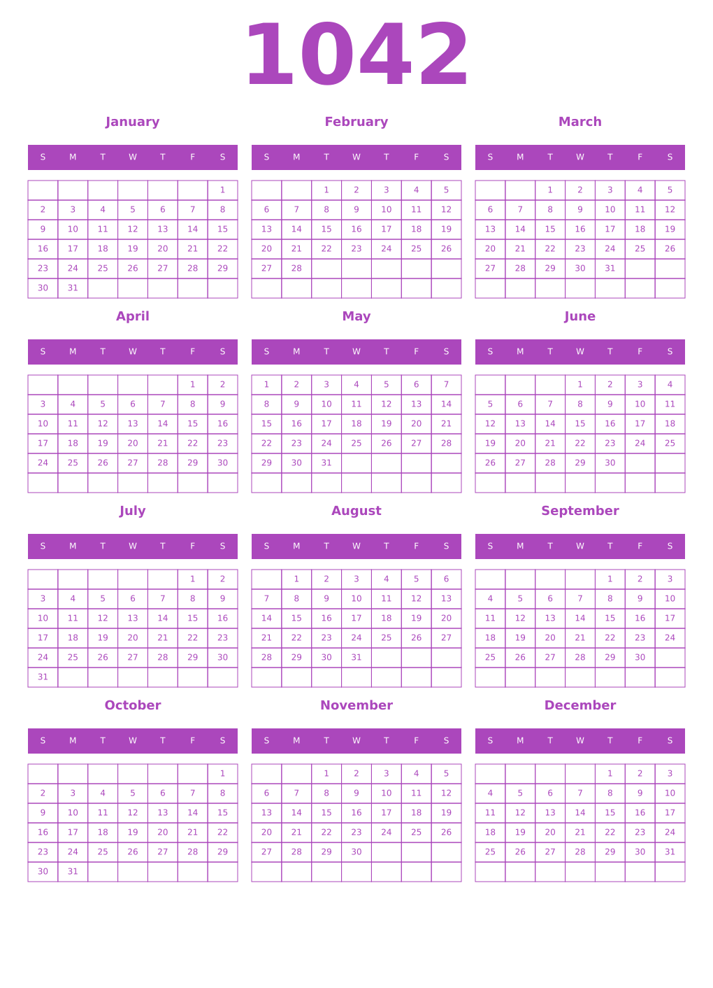 Printable 1042 Year Calendars purple