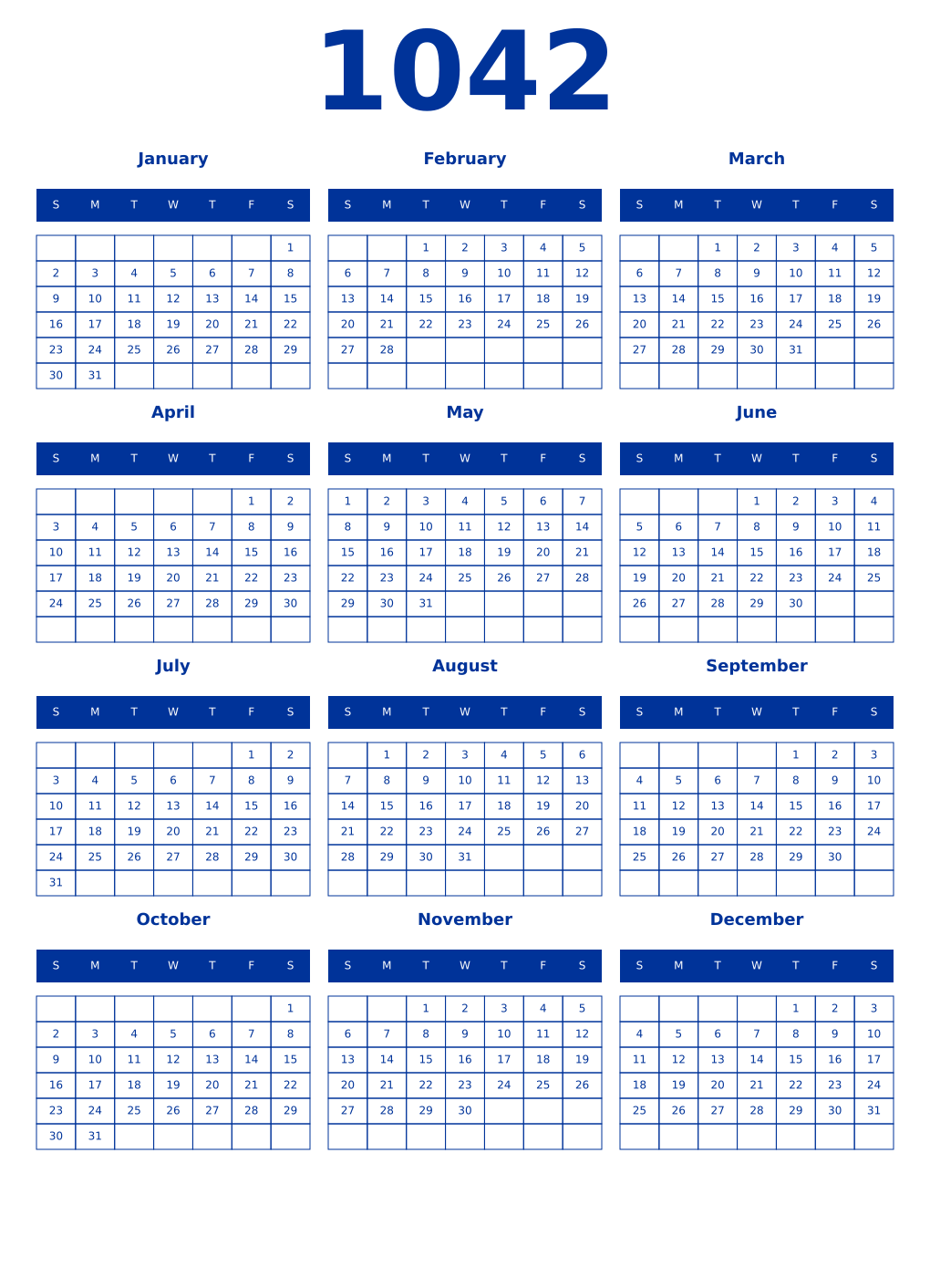 Printable 1042 Year Calendars smalt