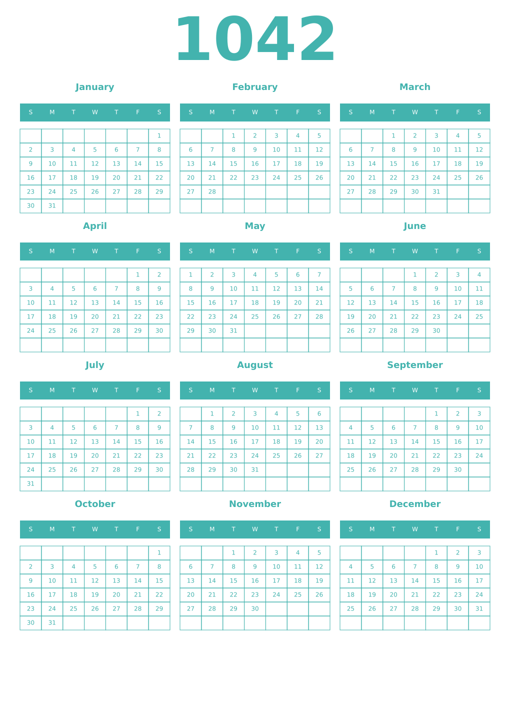 Printable 1042 Year Calendars verdigris