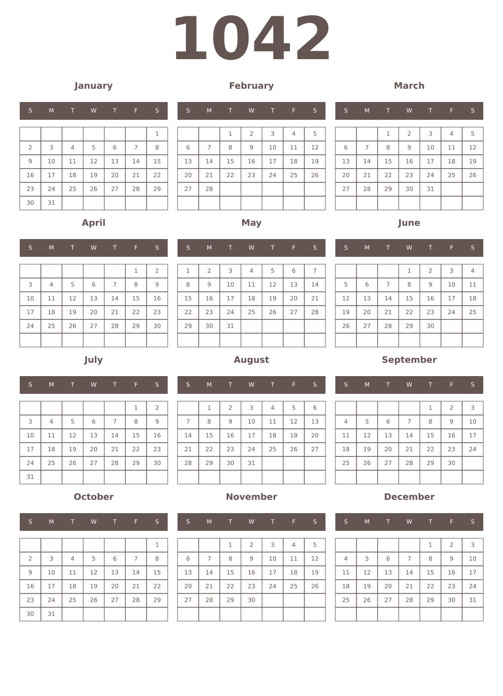 Printable 1042 Year Calendars wenge