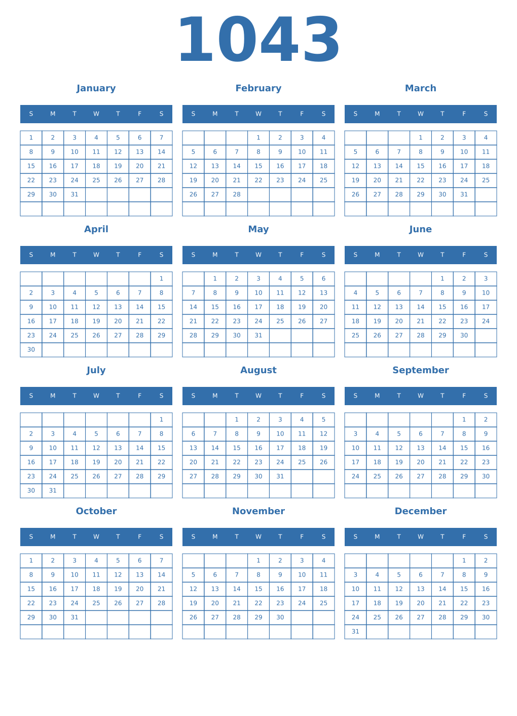 Printable 1043 Year Calendars blue
