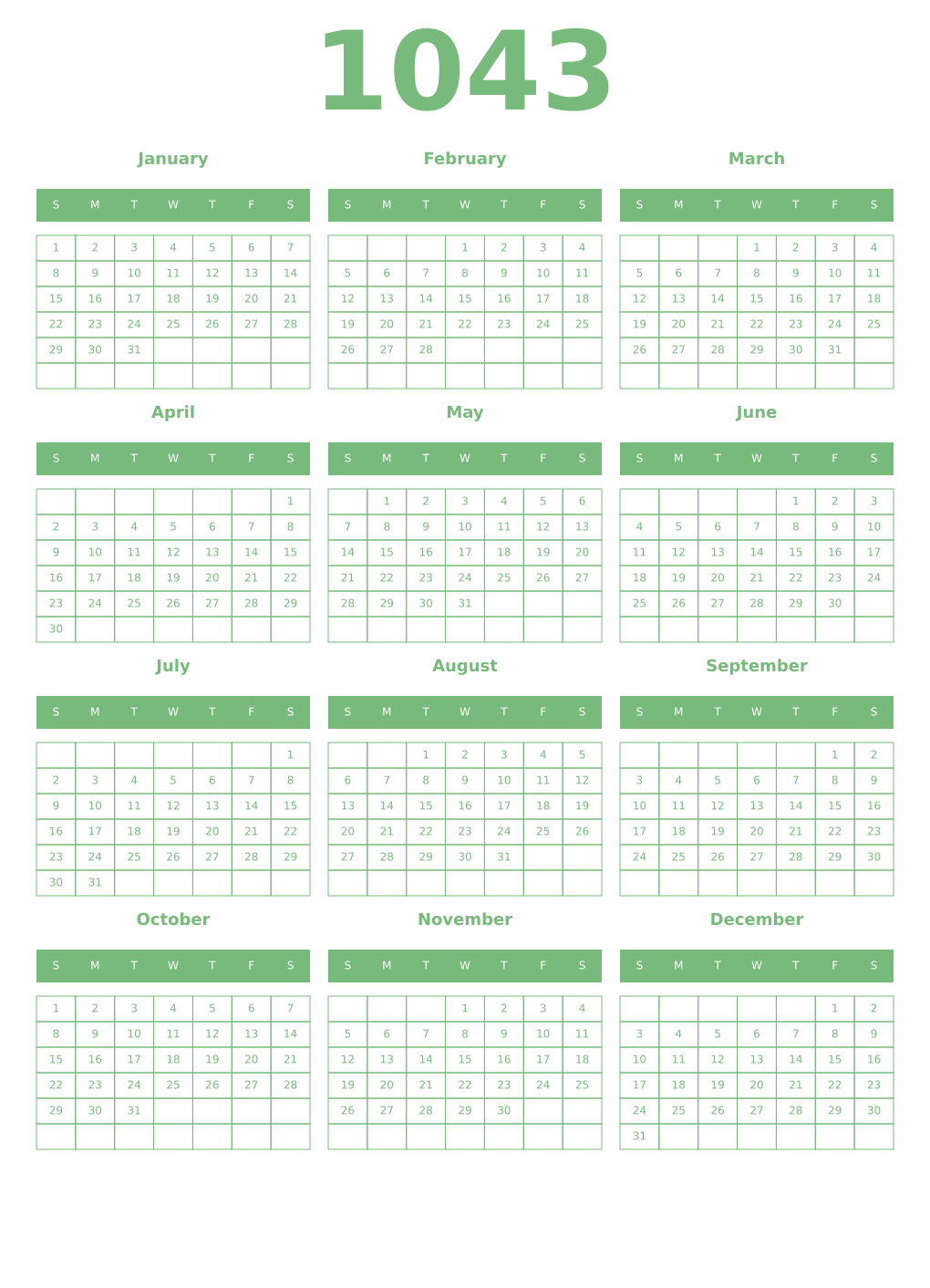 Printable 1043 Year Calendars celadon